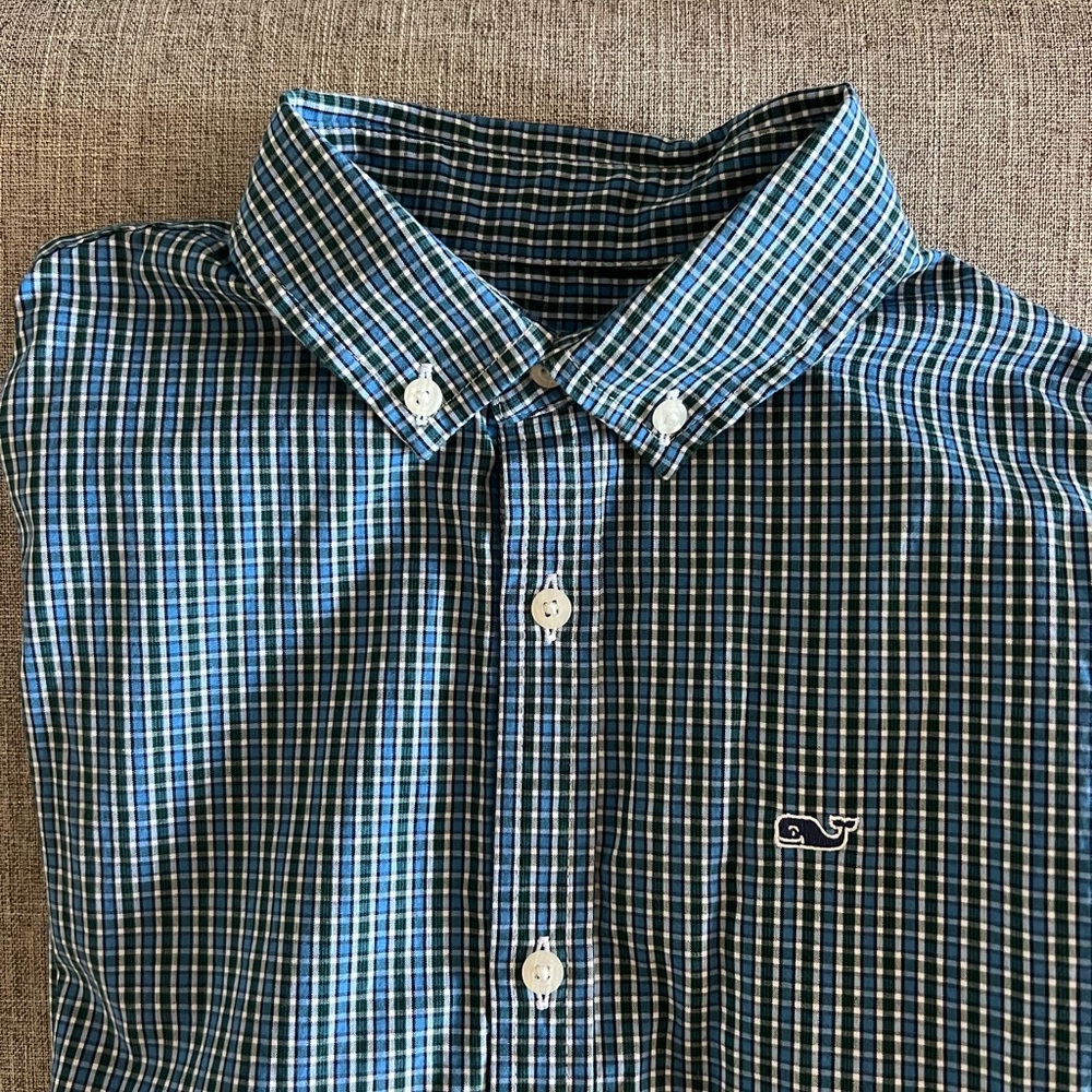 Vineyard Vines Blue and Green Checkered Boys’ Shirt 12-14